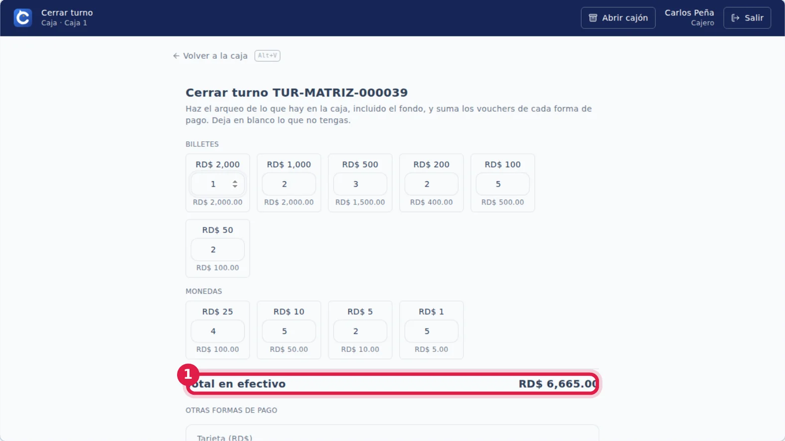 El arqueo con el dinero contado